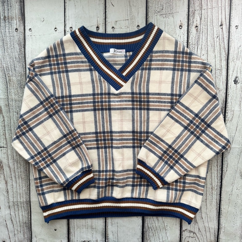 JK Studio Plaid‎ Varsity V-Neck Oversized Sweater